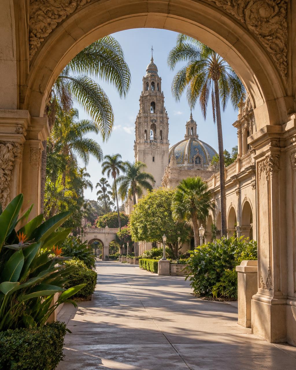 Sunlit Spanish Colonial architecture and palms in San Diego’s Balboa Park